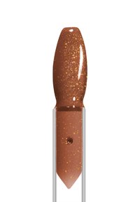 Échantillon de vernis à ongles brun brillant avec de fines paillettes dorées, en forme d'ovale allongé sur une pointe de pinceau transparente.