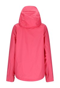 Imperméable à capuche rose vif vu de dos avec des manches longues et un ourlet légèrement incurvé.