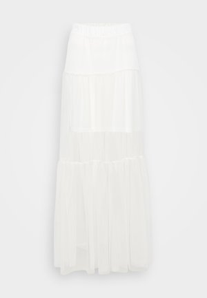 Biely maxi sukňa s tierovou konštrukciou a elastickým pásom. Vyrobená z ľahkej látky, má polopr Transparentné vrstvy a vzdušný dizajn.