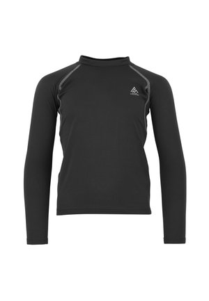 Rash guard noir à manches longues, fabriqué en matériau élastique, avec un col montant, des coutures à plateaux et un petit logo blanc sur la poitrine.