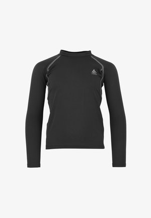 Rash guard noir à manches longues, fabriqué en matériau élastique, avec un col montant, des coutures à plateaux et un petit logo blanc sur la poitrine.