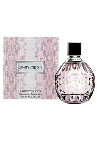 Rund glass parfymeflaske med teksturdesign, lyse rosa væske og en svart firkantet hette. Inkluderer en rosa eske med slangeskinnsmønster.