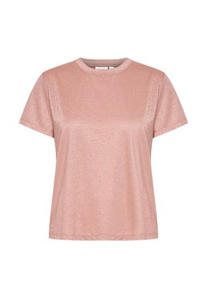 Īsām piedurknēm, apaļas formas t-krekls gaiši rozā krāsā, spīdīgā audumā ar gludu tekstūru un brīvu piegriezumu. Nav redzamu rakstu vai akcentu.