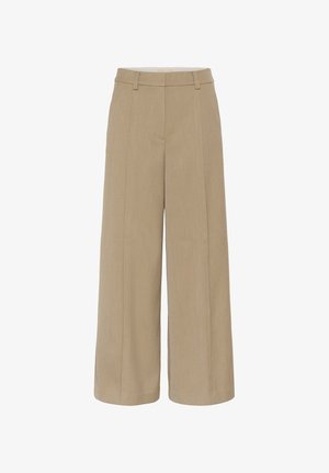Beige wijde broek met hoge taille, voorzien van voorplooien, riemlussen en scherpgeäge naden voor een gestructureerde pasvorm.