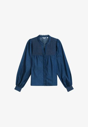 Blouse en denim avec manches longues bouffantes, empiècement froncé et encolure ronde. Comprend une fermeture boutonnée devant et un tissu doux et texturé.