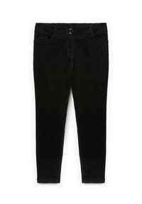 Pantalones negros ajustados de pana con dos botones delanteros, bolsillos frontales y trabillas para cinturón, mostrados extendidos sobre un fondo blanco.