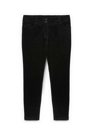 Schwarze Slim-Fit-Cordhose mit zwei Vorderknöpfen, Fronttaschen und Gürtelschlaufen, flach auf weißem Hintergrund präsentiert.