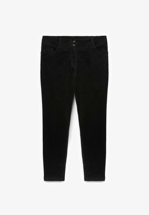 Pantaloni in velluto a coste neri, aderenti, con due bottoni frontali, tasche anteriori e passanti per cintura, disposti in piano su uno sfondo bianco.