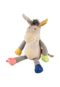 Soft plush donkey toy with a beige body, gray limbs, and a fuzzy mane. Colorful patterned limbs: yellow with dots, green with dots, pink with stars, blue with stars.