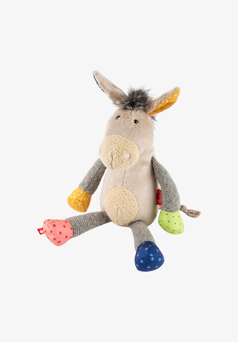 Soft plush donkey toy with a beige body, gray limbs, and a fuzzy mane. Colorful patterned limbs: yellow with dots, green with dots, pink with stars, blue with stars.