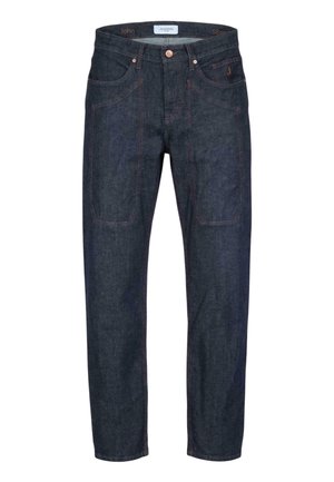 Jeans de mezclilla azul oscuro con bolsillos delanteros tipo parche, botón de cobre y costuras en contraste, presentados planos sobre un fondo blanco.