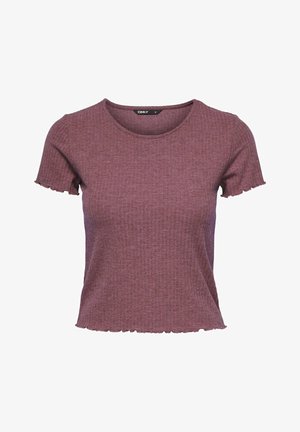 Ribbet, kortermet topp i burgunder med rund halsutringning og slitt kant. Laget av mykt materiale, har en subtil tekstur.