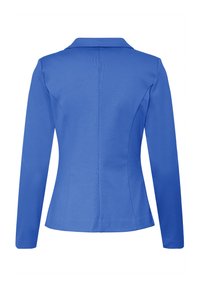 Plavi krojeni sako s dugim rukavima i reverom s usjekom. Glatka tekstura s uskim krojem i detaljima šavova na leđima.