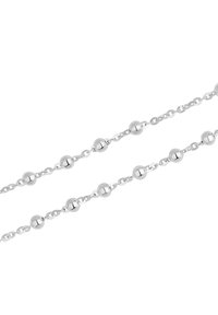 Srebrny naszyjnik z alternującymi gładkimi kulistymi koralikami i ogniwami, o wypolerowanej powierzchni i delikatnym wzorze. Powierzchnia odbijająca światło.