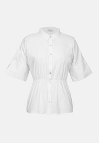 Blusa bianca a maniche corte con chiusura a bottoni frontale, colletto, vita smussata e texture di tessuto liscia. Presenta dettagli di bottoni metallici.