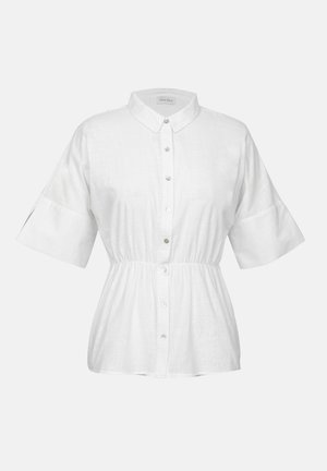 White short-sleeve blouse with a button-up front, collared neckline, cinched waist, and smooth fabric texture. Features metallic button accents.