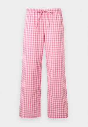 Pink and white checkered loose-fit pajama pants with an elastic waistband and adjustable drawstring.