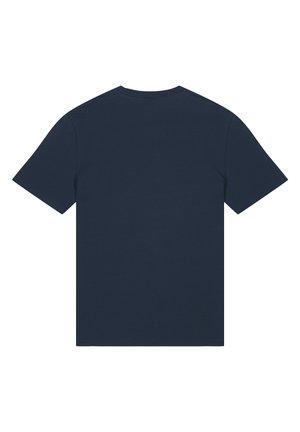 Marineblaues kurzärmeliges T-Shirt, von hinten mit Rundhalsausschnitt und schlichtem Design dargestellt.