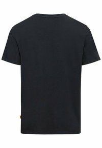 Kortærmet sort t-shirt med rund hals, lavet af blød bomuld, med et lille logo mærke på venstre side nær sømmen.