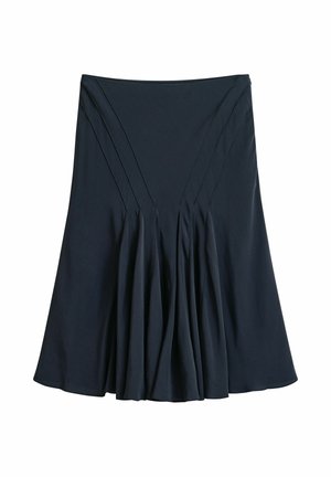 Dark navy blue flared skirt with stitched panel details and soft pleats, mid-length and smooth fabric.