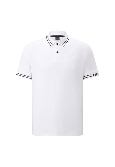 Weißes Polohemd aus Baumwolle mit klassischem Kragen, schwarzen Akzenten am Kragen und an den Ärmeln sowie gesticktem Logo auf der Brust.