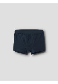 Granatowe bokserki wykonane z miękkiego materiału, o prostym kroju, z elastycznym paskiem w talii z wytłoczonym nazwiskiem marki, bez widocznych wzorów.