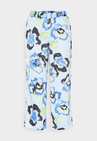 Floral-patterned trousers featuring shades of blue, black, and green on a light blue background; elastic waistband, wide-leg cut.