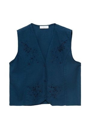 Navy blue sleeveless vest with a v-neck, featuring black floral embroidery on the front and two buttons down the center.