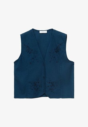 Temno modra brezrokavnica z v-izrezom, ki spredaj vsebuje črno cvetličasto vezenje ter dve gumba na sredini.