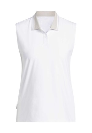 Mouwloze witte poloshirt met een gestructureerde lichtgrijze kraag en drie knopen, gemaakt van zachte katoenstof. Minimalistisch ontwerp.