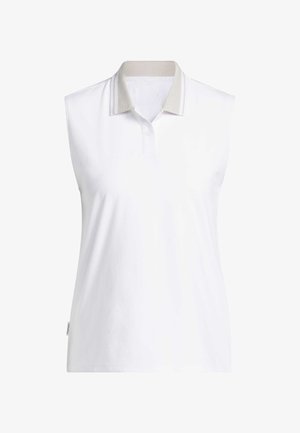 Mouwloze witte poloshirt met een gestructureerde lichtgrijze kraag en drie knopen, gemaakt van zachte katoenstof. Minimalistisch ontwerp.