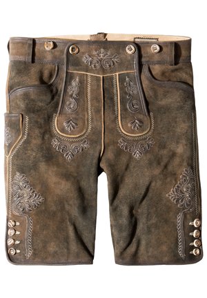 Brown leather shorts featuring decorative embroidery, two front pockets, and silver buttons along the sides. Textured and traditional design.