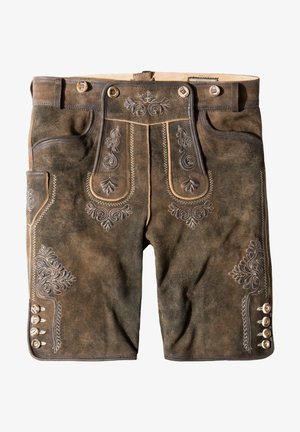 Shorts en cuir marron avec broderie décorative, deux poches avant et boutons en argent sur les côtés. Design texturé et traditionnel.