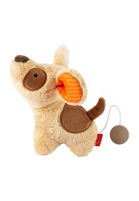 Plush dog toy with beige fur, brown accents on ears and body, orange checkered inner ears, and a pull string with a round tag.