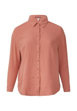 Long-sleeve, button-up shirt in textured, peach fabric with a classic collar and a straight cut. Features front button closure and cuffed sleeves.