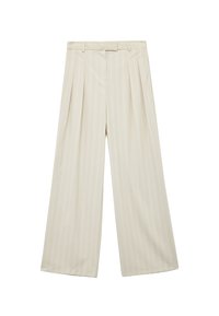 Pantaloni beige a gamba larga realizzati in un tessuto liscio, caratterizzati da righe verticali, plissettature in vita e un classico design con passanti per la cintura.