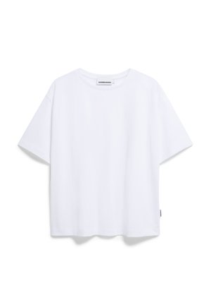 Weißes Kurzarm-T-Shirt aus glattem Baumwollstoff. Verfügt über einen runden Halsausschnitt, eine lockere Passform und ein kleines Markenetikett an der Seite.