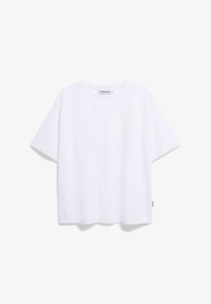 Weißes Kurzarm-T-Shirt aus glattem Baumwollstoff. Verfügt über einen runden Halsausschnitt, eine lockere Passform und ein kleines Markenetikett an der Seite.