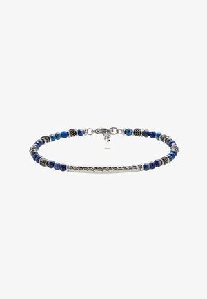Silberne und blaue Perlenarmband mit runden blauen Steinen, verdrehten Silberperlen, einer horizontal verdrehten Silberstange und einem Karabinerverschluss.
