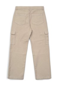 Beige Cargo-Hosen mit geradem Bein, ausgestattet mit zwei Gesäßtaschen, zwei Seitentaschen und sichtbaren Nähdetails.