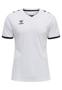 Maillot de sport blanc à manches courtes avec des accents noirs sur les manches et le col. Il présente un design en col en V et le logo "hummel" sur la poitrine.