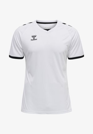 Maglia sportiva bianca a maniche corte con accenti neri sulle maniche e sul colletto. Presenta un design a scollo a V e il logo "hummel" sul petto.