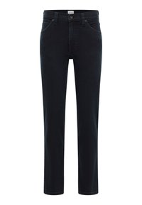 Jeans de mezclilla de lavado oscuro con un corte recto, que cuentan con cinco bolsillos, cierre de botón y lazos para cinturón resistentes. Textura suave con un detalle mínimo.