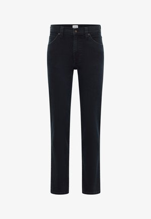 Tumedast pesustatud denimijad sirge lõikega, viie tasku, nööp sulgemise ja tugevate vöökohtadega. Sile tekstuur, minimaalne detailide arv.