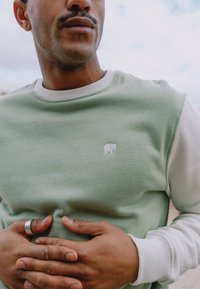 Homme avec moustache portant une chemise à manches longues verte et blanche avec un logo d'éléphant, les mains reposant sur son ventre.