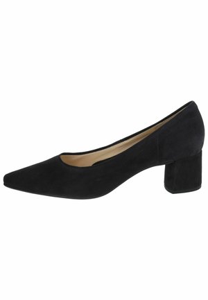 Pompa nera in suede con punta appuntita e tacco a blocco. Il design presenta una dècolletée bassa e una texture liscia.