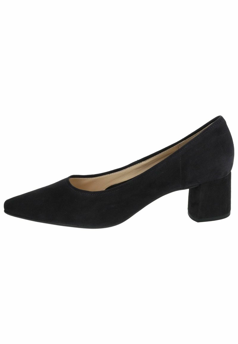Black suede pump with a pointed toe and a block heel. The design features a low-cut vamp and a smooth texture.
