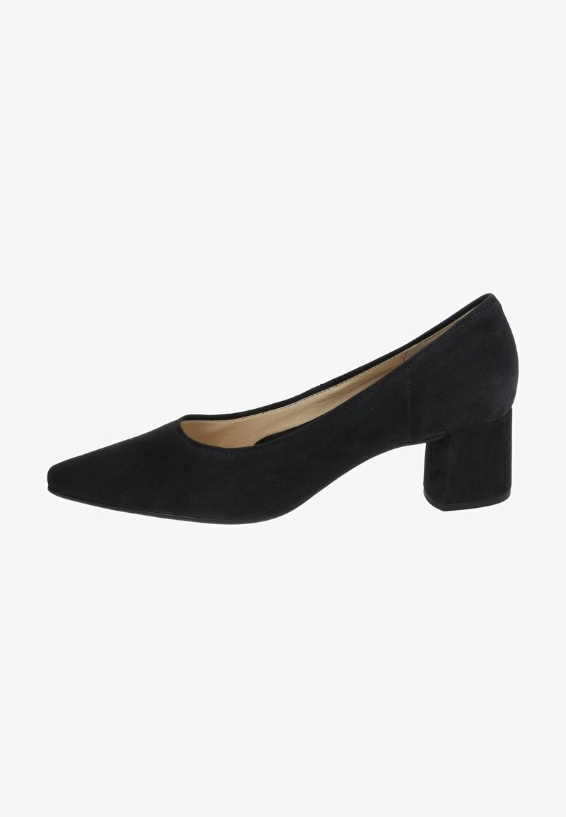 Black suede pump with a pointed toe and a block heel. The design features a low-cut vamp and a smooth texture.