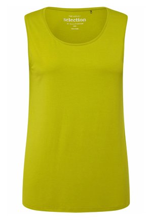 Groene mouwloze top van zacht materiaal. Heeft een ronde halslijn en een rechte zoom. Het label vermeldt "The Luxury Selection by Ulla Popken."
