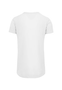 White cotton t-shirt, short sleeves, crew neckline, smooth texture, slightly rounded hem, no patterns or graphics.